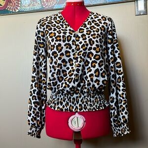 Michael Kors leopard print blouse with gathered elastic waist and cuffs